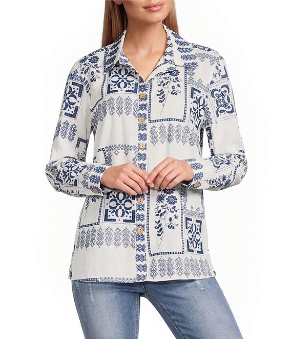 John Mark Embroidered Floral Eyelet Patchwork Point Collar Long Roll-Tab Sleeve Button Front Shirt
