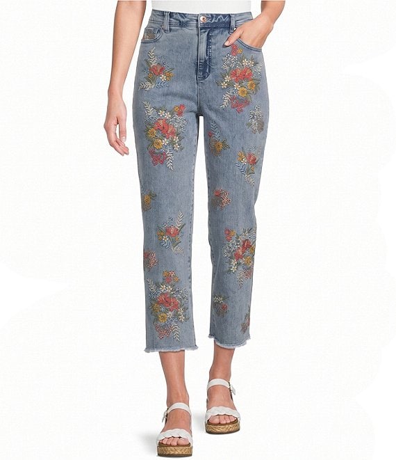 John Mark Embroidered Floral Flare Crop Jeans