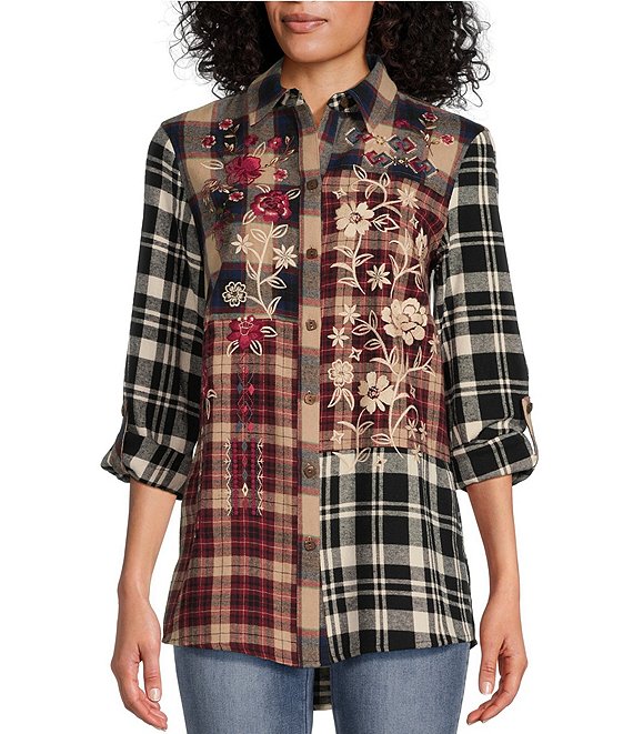 John Mark Embroidered Floral Multi Plaid Point Collar Roll-Tab Sleeve  Button Front Woven Tunic