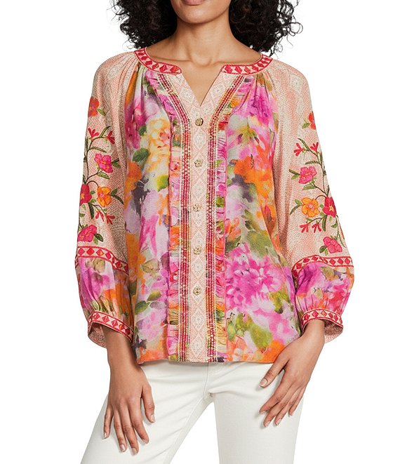 John Mark Embroidered Floral Split V-Neck 3/4 Cuff Sleeve Hi-Low Hem Button Front Top