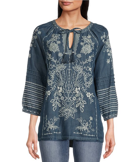 John Mark Embroidered Geometric Floral Split V-Neck 3/4 Sleeve Pintuck Tie  Front Peasant Tunic