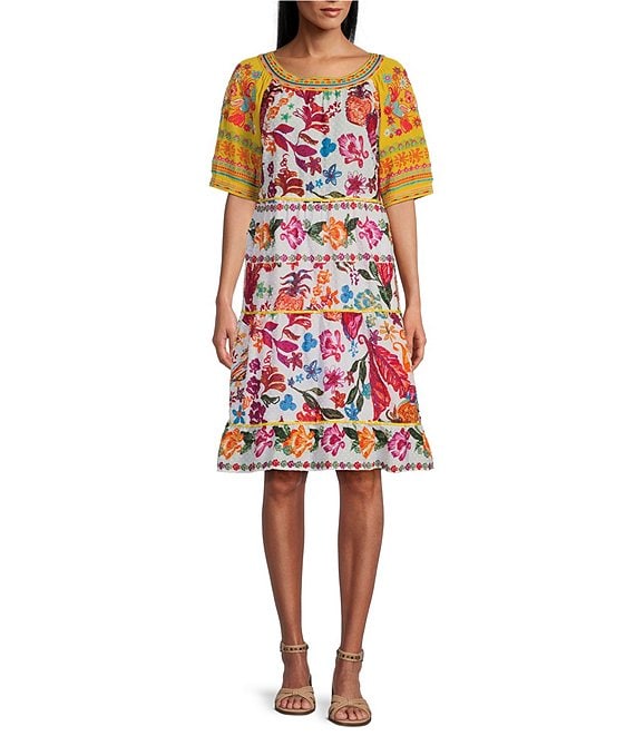 John Mark Embroidered Scoop Neck Multi Print Knee Length Dress