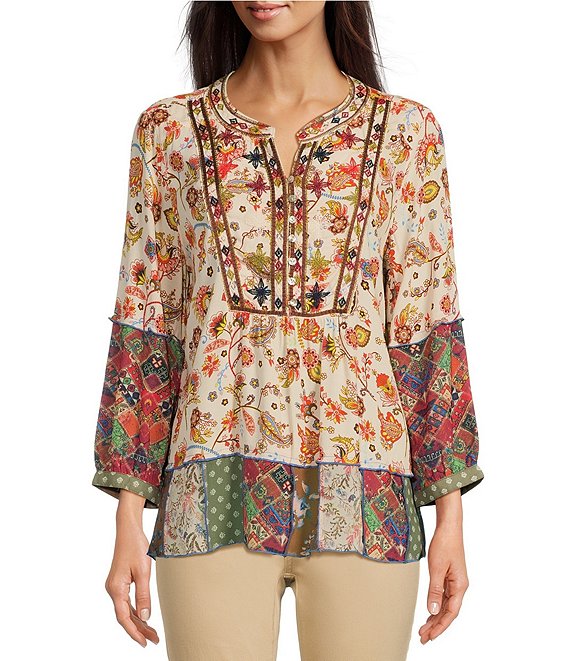 John Mark Embroidered Woven Split V-Neck 3/4 Sleeve Multi Print Tunic ...