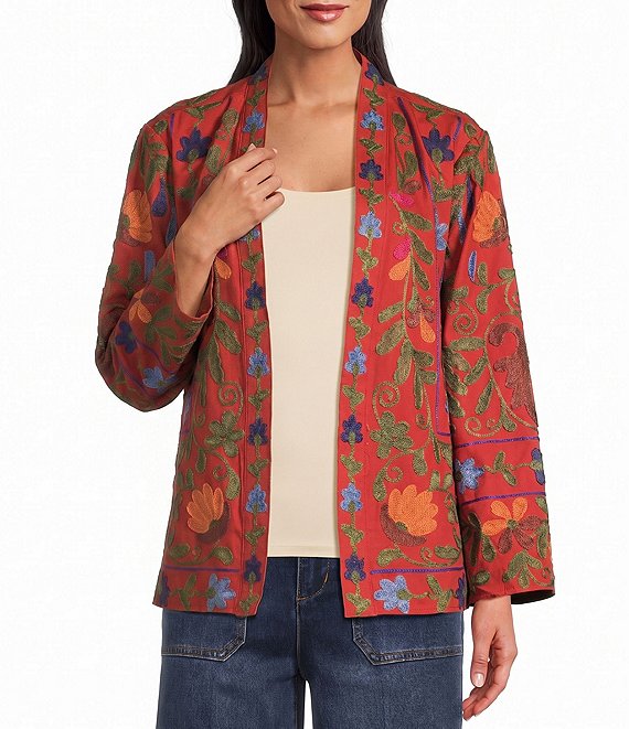 John Mark Floral Embroidered Long Sleeve Open-Front Jacket