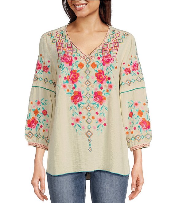 John Mark Floral Embroidered V-Neck 3/4 Cuffed Sleeve Woven Peasant Top ...