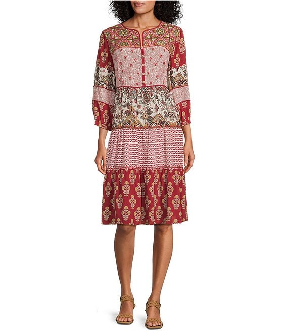 John Mark Floral Patchwork Embroidered Split Neck 3/4 Sleeve A-Line Midi Dress, Burgandy - Image 1