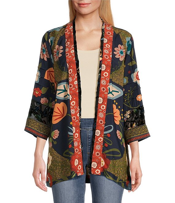 Color:Floral Multi - Image 1 - Floral Print 3/4 Pintuck Sleeve Open Front Kimono