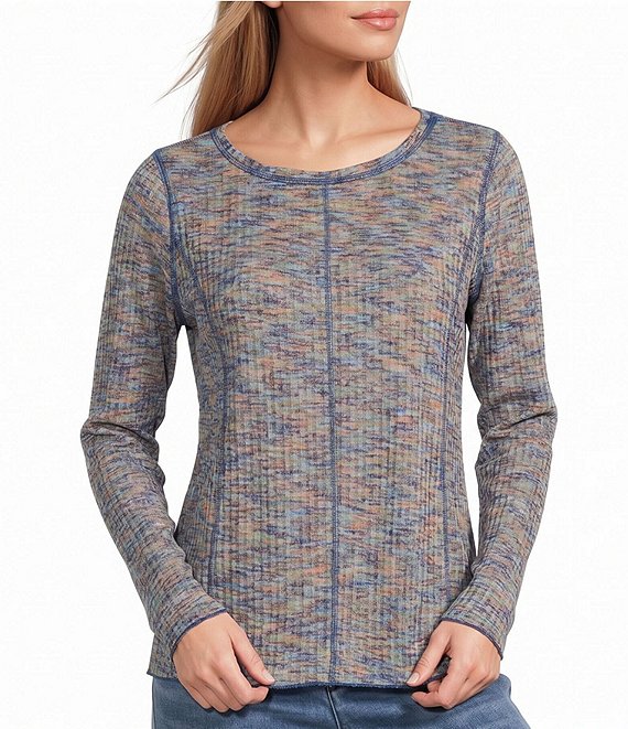 John Mark Knit Space Dyed Round Neck Long Sleeve Top