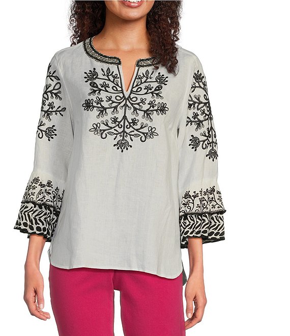 Vintage Floral Embroidered Tops for Women Casual V Neck Long