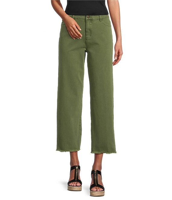 John Mark Petite Size Colored Denim Wide Leg 5-Pocket Frayed Hem Jeans, Olive - Image 1