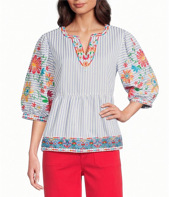 John Mark Petite Size Embroidered Floral Stripe Split V-Neck 3/4 Sleeve Top