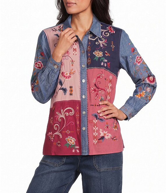John Mark Petite Size Embroidered Patchwork Point Collar Long Sleeve Button-Front Shirt