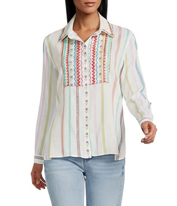 John Mark Petite Size Embroidered Stripe Floral Leaf Print Point Collar Long Roll-Tab Sleeve Button Front Blouse