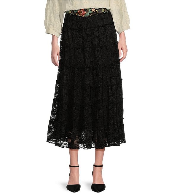 John Mark Petite Size Lace Tiered A Line Belted Pull On Midi Skirt Womens Pl Black