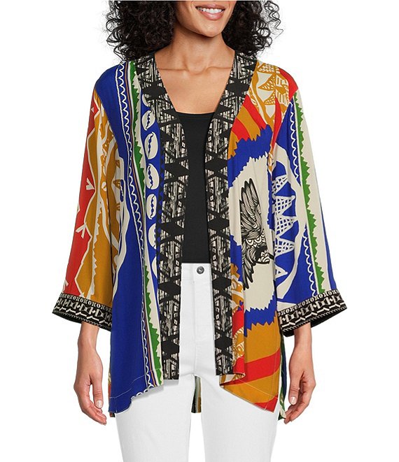 John Mark Petite Size Multi Print Open Front Neck 3 4 Sleeve Kimono Dillard s