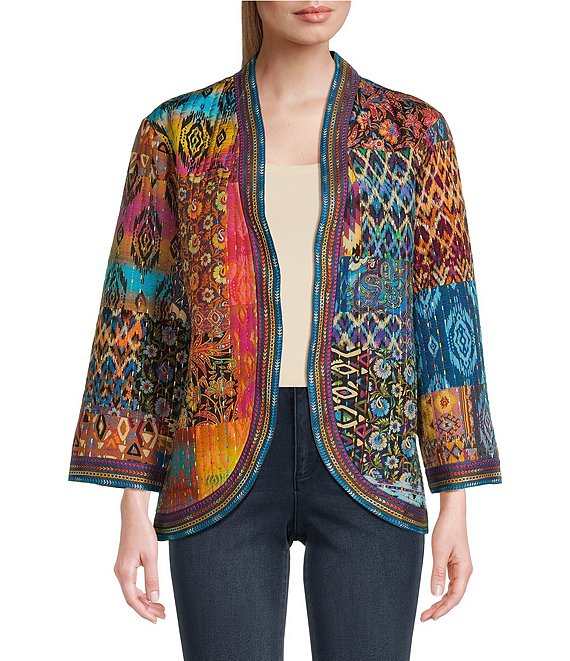 Color:Multi - Image 1 - Petite Size Quilted Woven Multi Print Banded Neck Long Cuffed Sleeve Running Stitch Embroidery Open Front Jacket