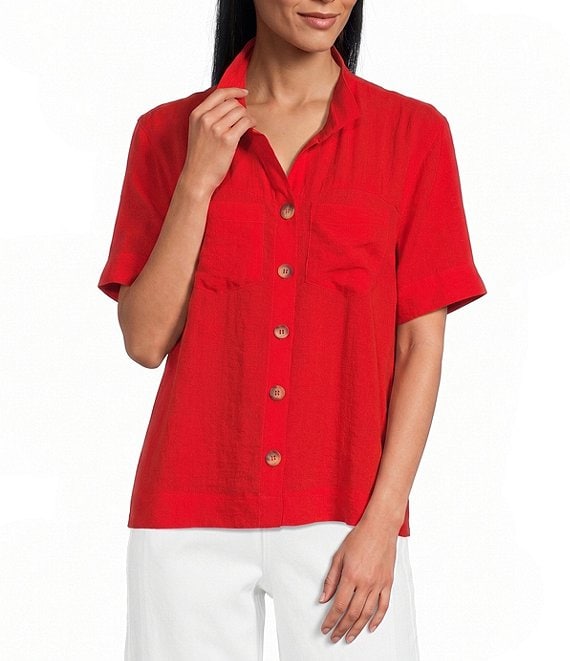 John Mark Petite Size Solid Wire Collar Short Sleeve Button Front Shirt