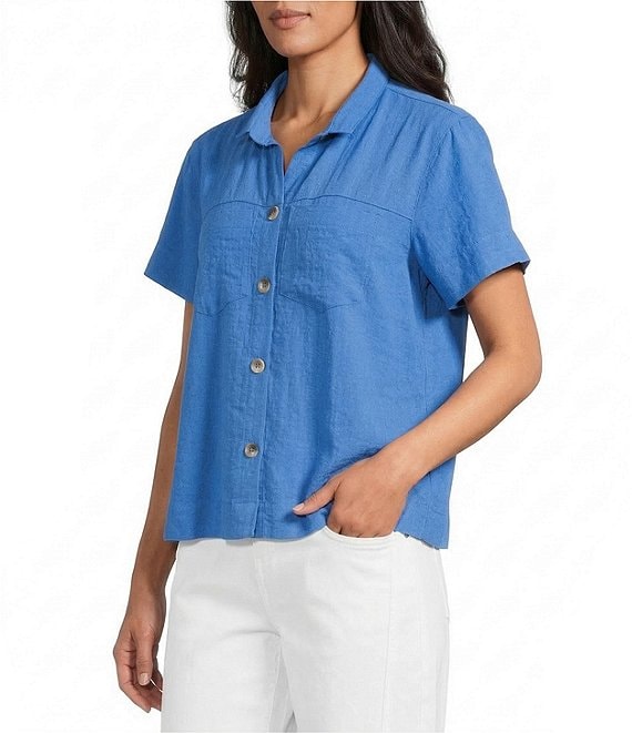 John Mark Petite Size Solid Wire Collar Short Sleeve Button Front Shirt