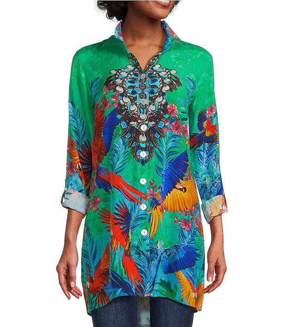 John Mark Petite Size Tropical Leaf Parrot Print Wire Collar Roll-Tab Sleeve Button Front Tunic
