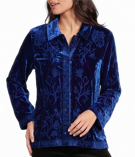 John Mark Petite Size Velvet Embroidered Convertible Collar Long Sleeve Button Front Shirt