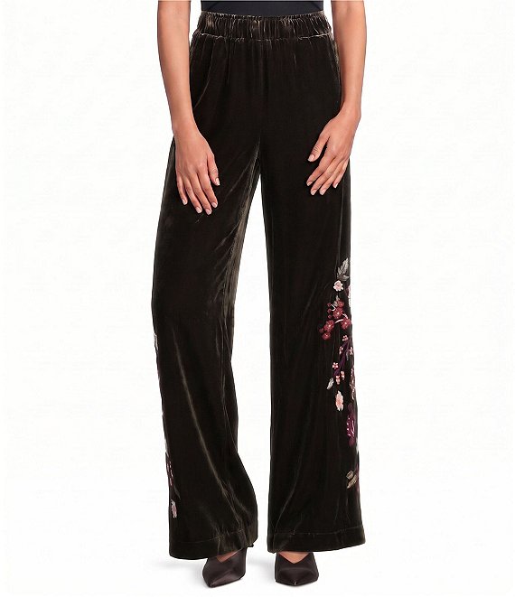 John Mark Petite Size Velvet Floral Embroidered Hem Wide Leg Pull-On Pants