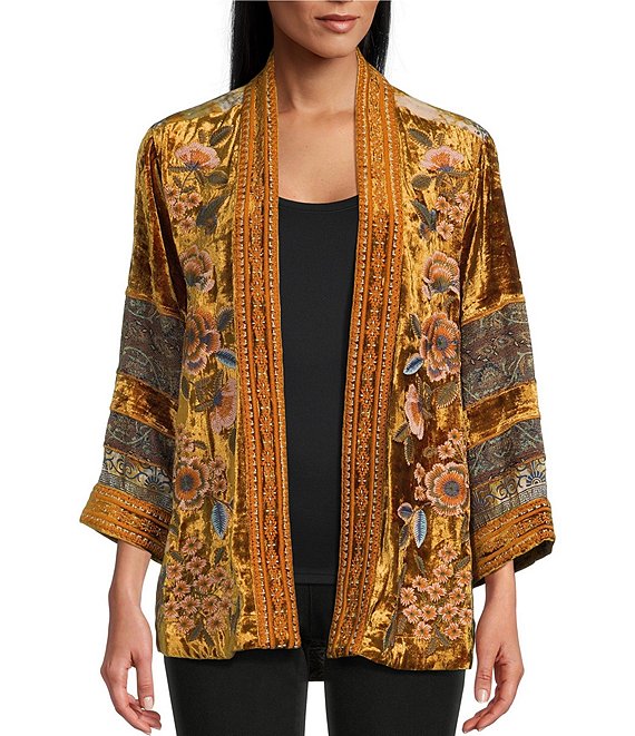 John Mark Petite Size Velvet Knit Floral Embroidered Back Scarf Banded Neck 3/4 Cuffed Sleeve Open Front Kimono