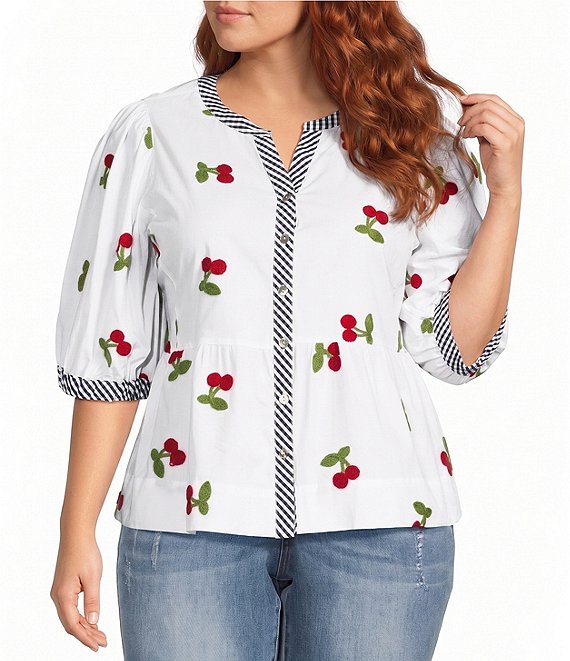 John Mark Plus Size Cherry Embroidered Gingham Trim Split Round Neck 3/4 Puff Sleeve Peplum Top