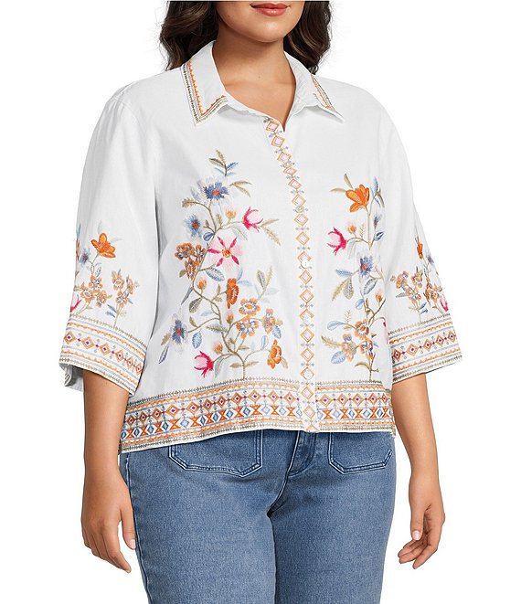 John Mark Plus Size Embroidered Floral Point Collar Short Sleeve Button-Front Blouse
