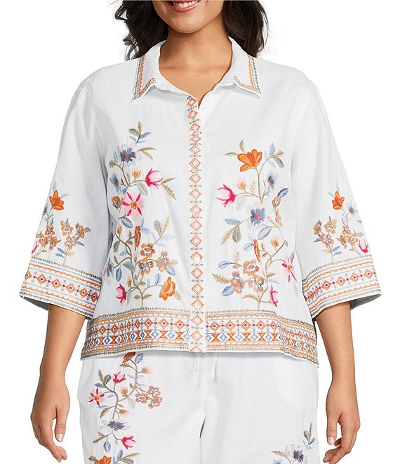 John Mark Plus Size Embroidered Floral Point Collar Short Sleeve Button-Front Blouse