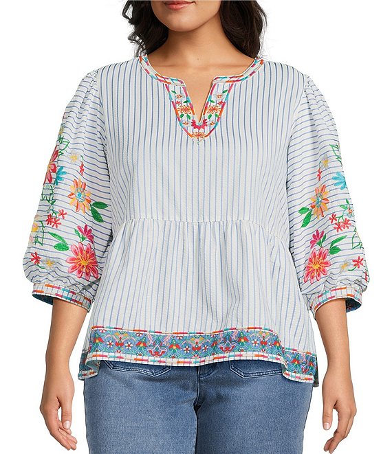 John Mark Plus Size Embroidered Floral Stripe Split V-Neck 3/4 Sleeve Top