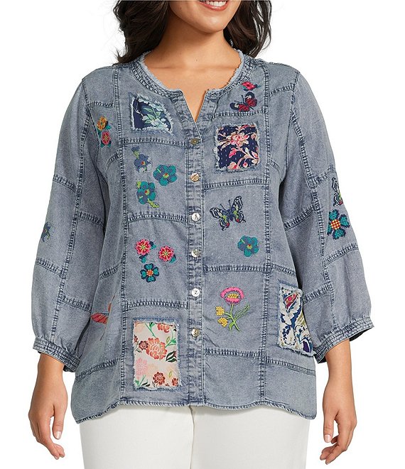 John Mark Plus Size Embroidered Patchwork Split V-Neck 3/4 Sleeve Button-Front Blouse