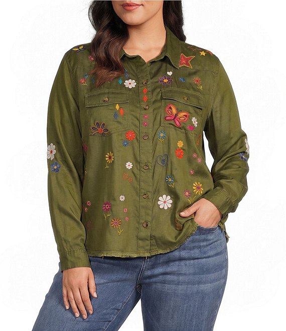 John Mark Plus Size Floral And Butterfly Point Collar Long Roll-Tab Sleeve Button Front Shirt