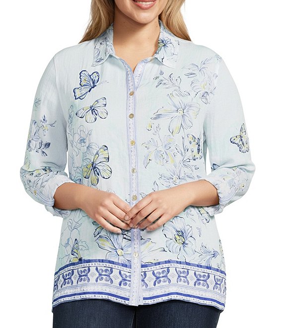John Mark Plus Size Floral Butterfly Border Print Point Collar Long Roll-Tab Sleeve Button Front Blouse