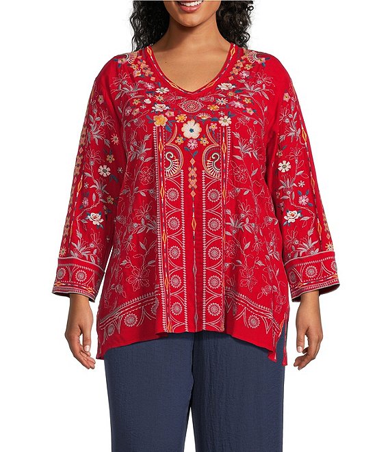 John Mark Plus Size Floral Embroidered V-Neck 3/4 Sleeve Tunic