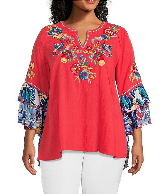 John Mark Plus Size Floral Embroidery Split Round Neck 3/4 Tiered Flounce Sleeve Ruffled Back Tunic