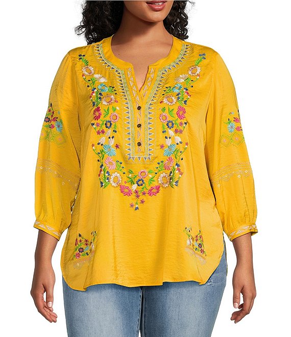 John Mark Plus Size Floral Printed Embroidered Split Round Neck 3/4 Sleeve Button Front Tunic