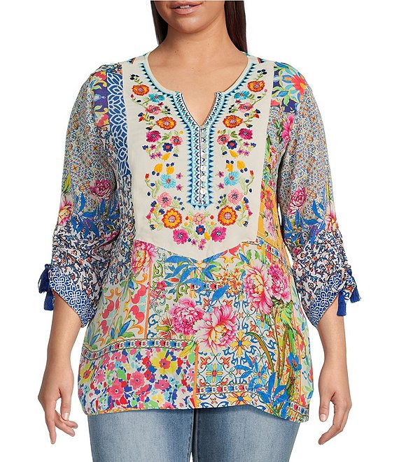 John Mark Plus Size Floral Tile Print Embroidered Split Round Neck Cinched Tassel Sleeve Half Button Front Tunic