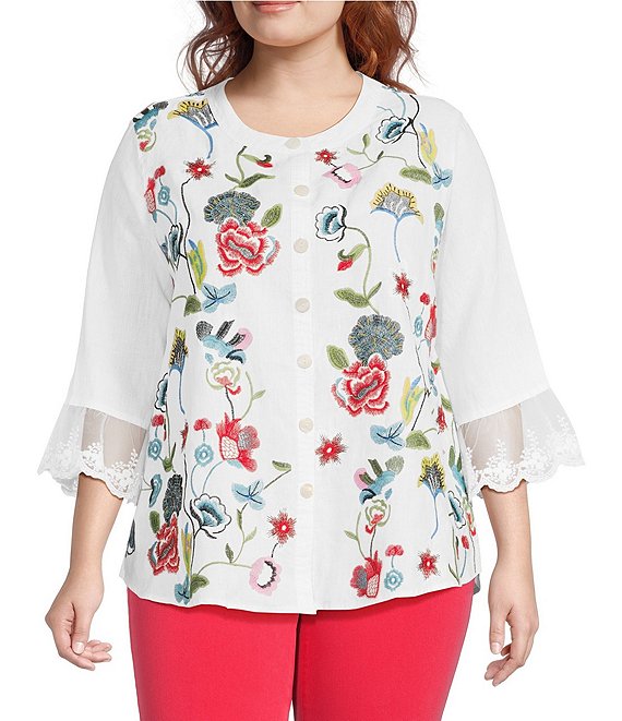 John Mark Plus Size Floral Vine Embroidery Linen 3/4 Bell Sleeve Button-Front Tunic