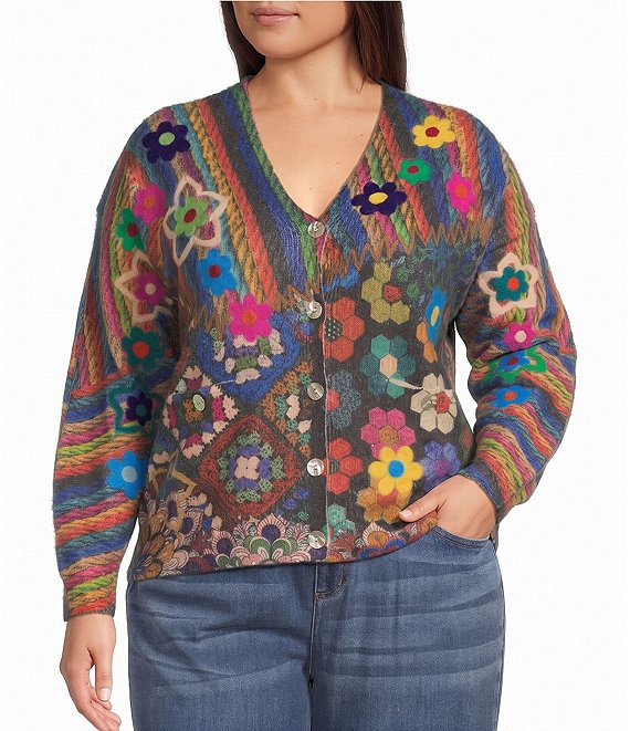 John Mark Plus Size Knit Allover Print V-Neck Long Sleeve Button Front Cardigan