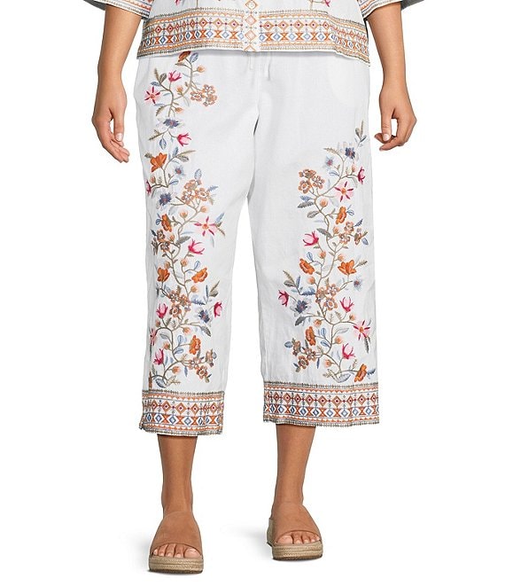 John Mark Plus Size Linen Blend Embroidered Floral Wide Leg Pull-On Pants