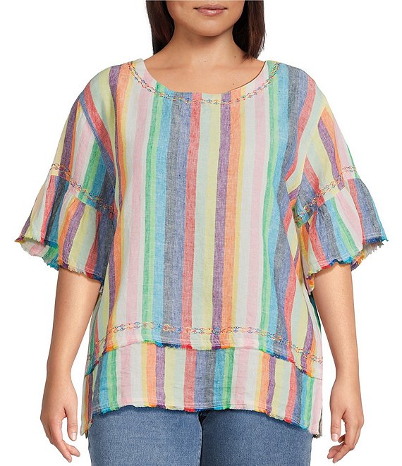 John Mark Plus Size Linen Yarn-Dye Stripe Scoop Neck Short Flounce Sleeve Top