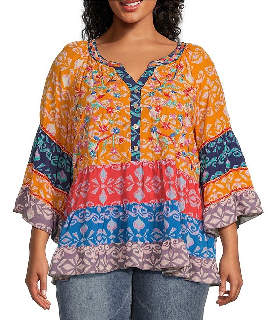 John Mark Plus Size Mix Print Embroidered Y-Neck 3/4 Sleeve Button ...