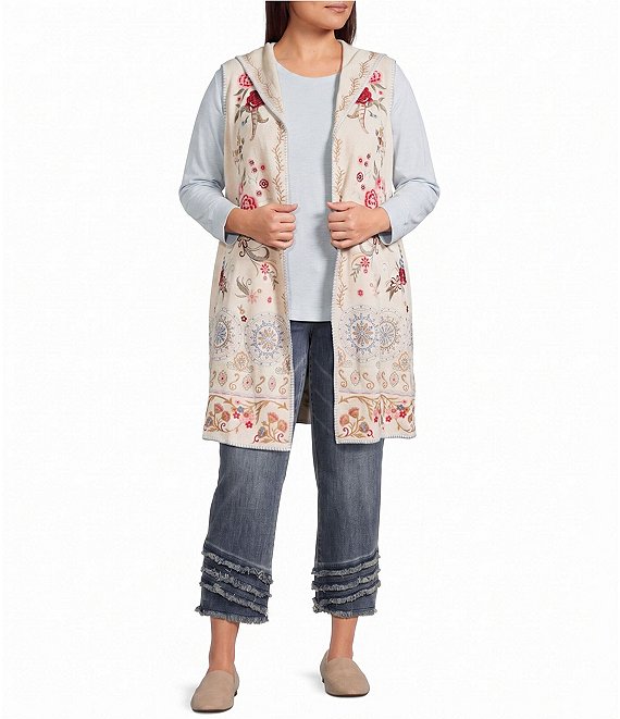John Mark Plus Size Multi Floral Mandala Embroidery Open-Front Hooded Vest