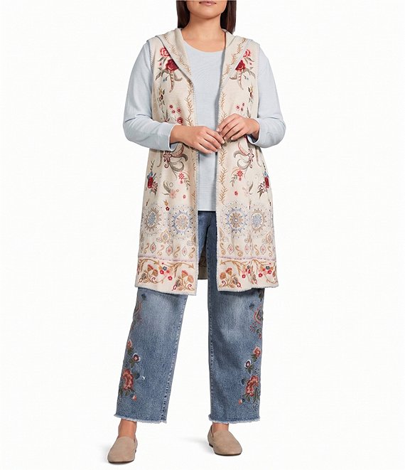 John Mark Plus Size Multi Floral Mandala Embroidery Open-Front Hooded Vest