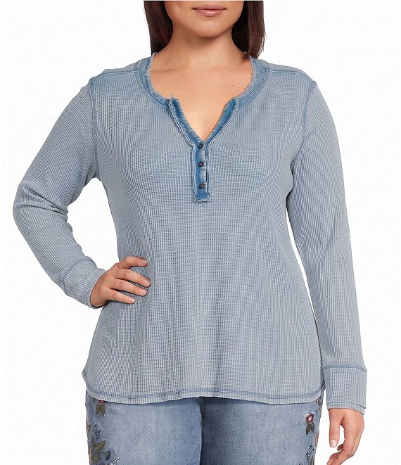 John Mark Plus Size Solid Washed Waffle Knit Split V-Neck Long Sleeve Top