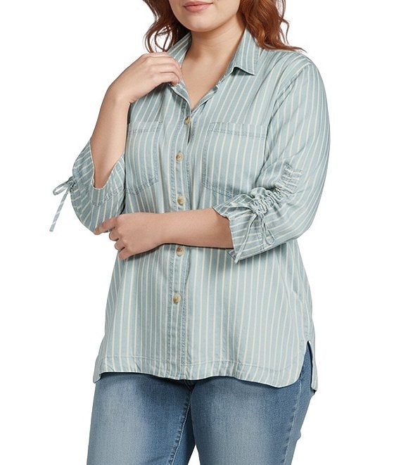 John Mark Plus Size Stripe Wire Collar 3/4 Cinch Tie Sleeve Button Front Blouse