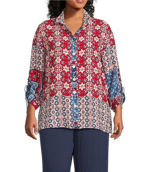 John Mark Plus Size Tile Print Wire Collar 3/4 Cinched Sleeve Button Front Tunic