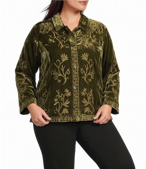John Mark Plus Size Velvet Embroidered Convertible Collar Long Sleeve Button Front Shirt