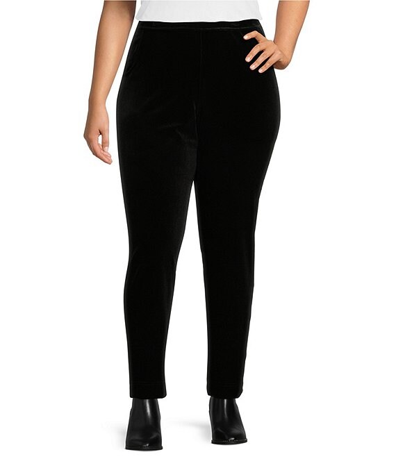 Color:Black - Image 1 - Plus Size Velvet Flat Front Skinny Leg Pull-On Pants