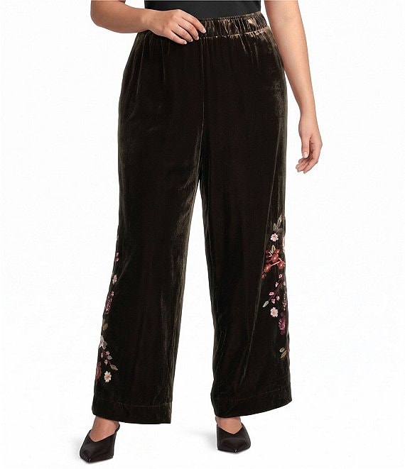 John Mark Plus Size Velvet Floral Embroidered Hem Wide Leg Pull-On Pants